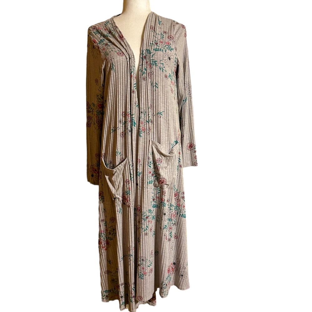LuLaRoe Sarah Long Gray Duster Cardigan with Sunflowrs